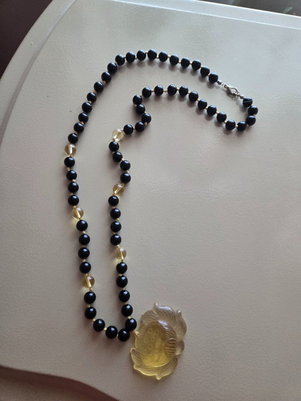 Citrine/Onyx Beaded Necklace with Carved Citrine Lotus Pendant